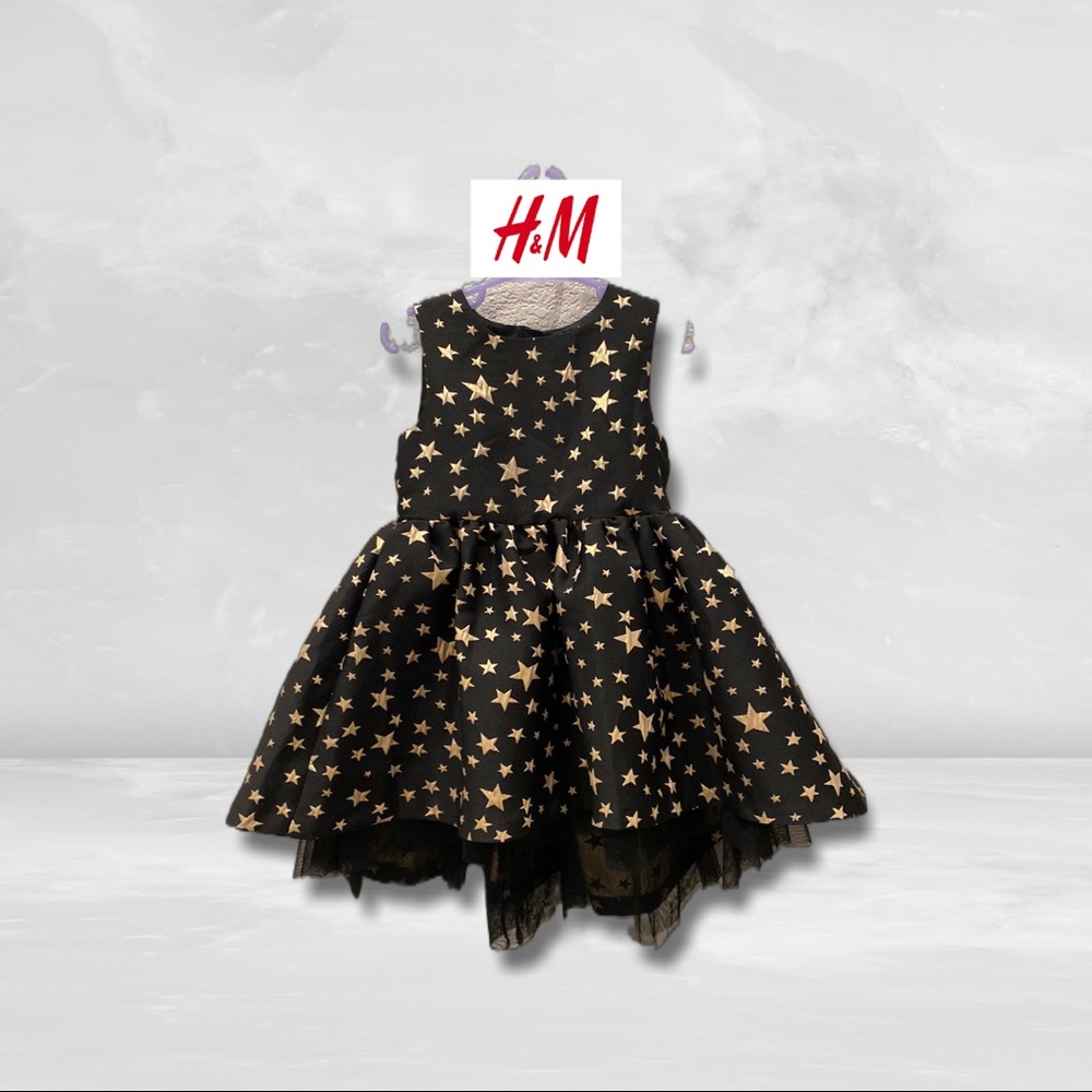 H&M Girls Gold and Black Star Sleeveless Dress with Tulle